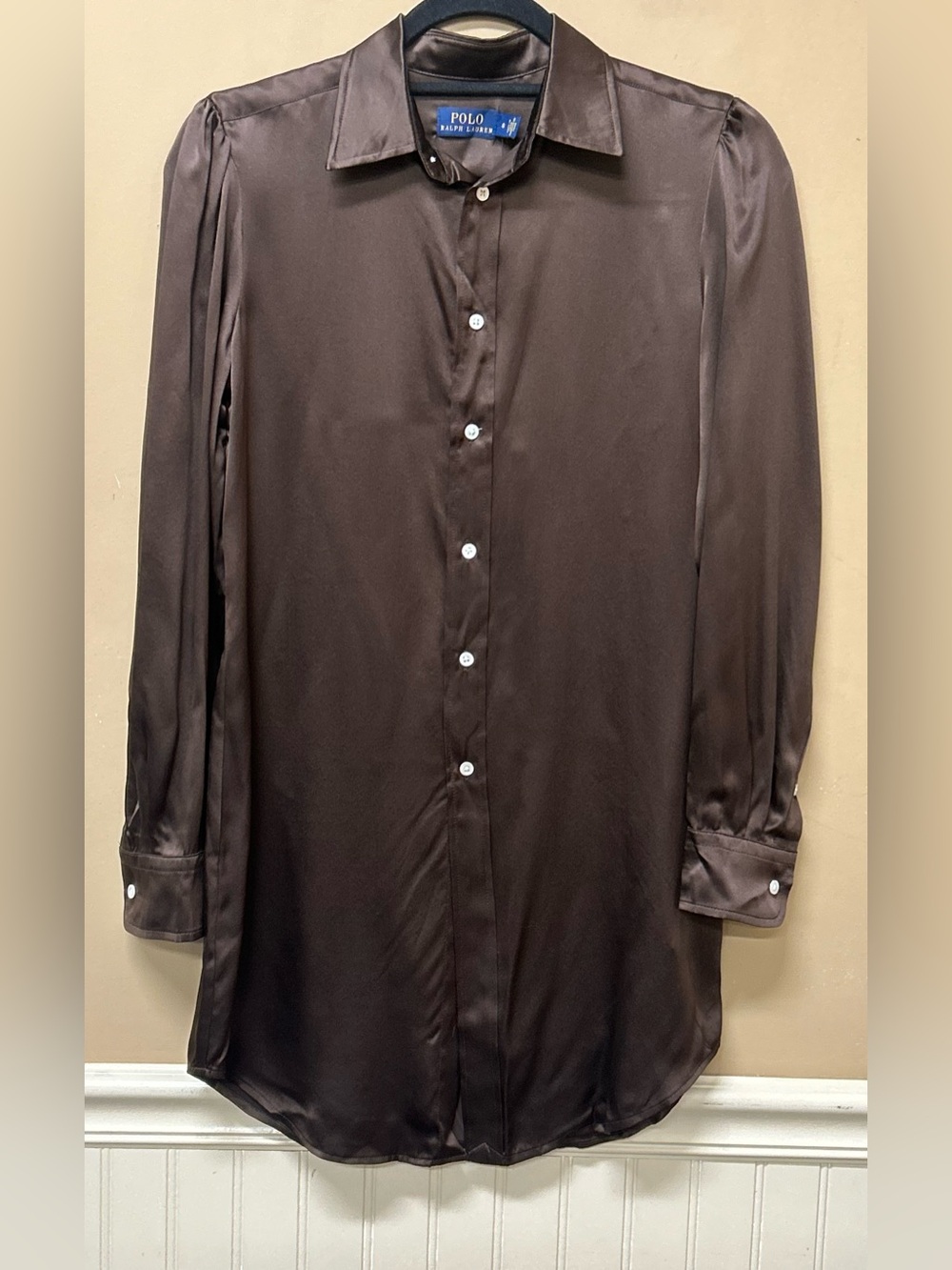 Polo Ralph Lauren Silk Shirt Long Sleeve Button Down Brown Size 0 Ret $228 NWT